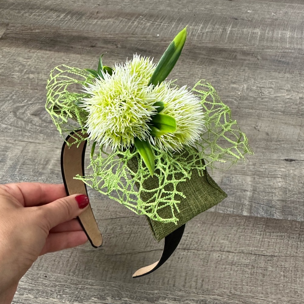 Handmade Designer Fascinator Headband Floral Green Bow Dandelion